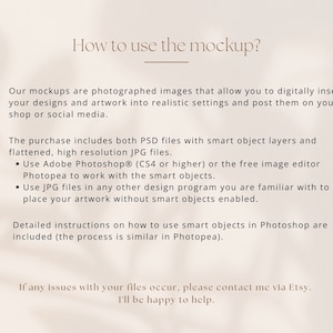 May include: Instructions on how to use a mockup with smart objects. The text explains how to use Photoshop or Photopea to edit the mockup. It also mentions that the purchase includes both PSD and JPG files.
