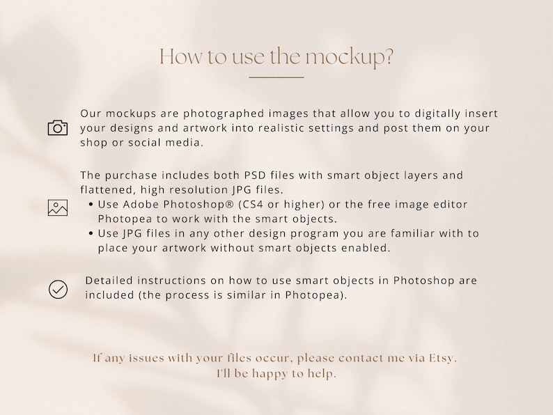 May include: Instructions on how to use a mockup with smart objects. The text explains how to use Photoshop or Photopea to edit the mockup. It also mentions that the purchase includes both PSD and JPG files.