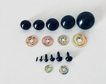 ROUND PLASTIC BLACK eyes for teddy bears, fishing lures and other crafts with metal lock washers - sizes 2mm - 30mm