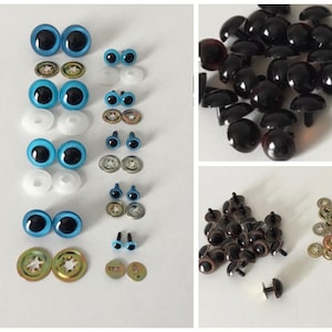 May include: Assortment of plastic safety eyes for crafts, with black pupils and blue, brown, and clear irises. The set includes washers and posts for attaching the eyes to fabric or other materials.
