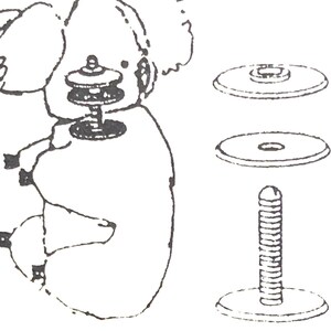 May include: A black and white line drawing of a toy with a screw-on base and a spinning top. The toy is made up of three discs and a screw. The toy is shown in three different stages of assembly.