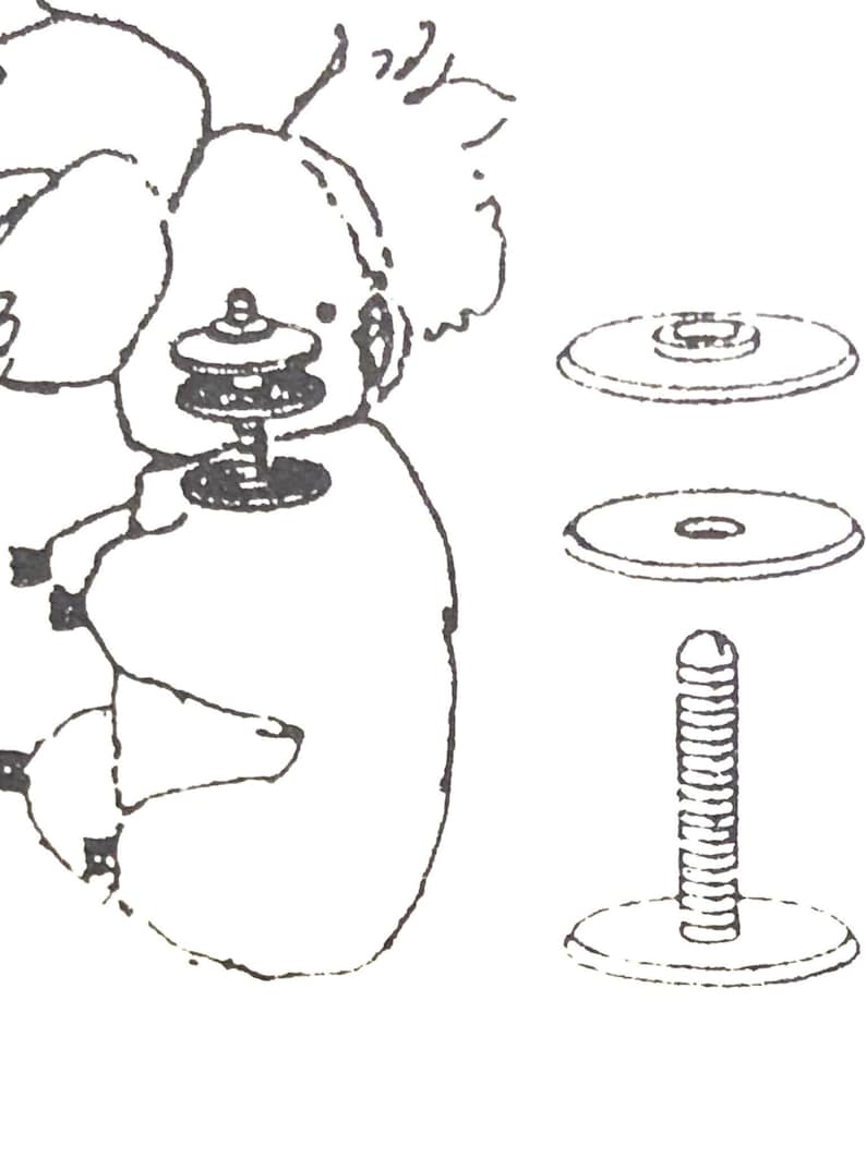 May include: A black and white line drawing of a toy with a screw-on base and a spinning top. The toy is made up of three discs and a screw. The toy is shown in three different stages of assembly.