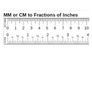 May include: A black and white ruler with markings for both millimetres and centimetres, as well as fractions of inches. The ruler is labelled "MM or CM to Fractions of Inches".