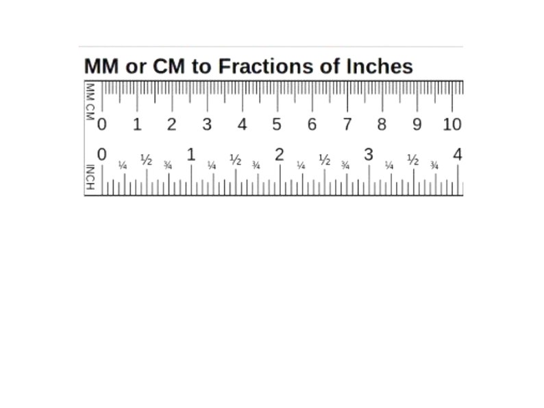 May include: A black and white ruler with markings for both millimetres and centimetres, as well as fractions of inches. The ruler is labelled "MM or CM to Fractions of Inches".