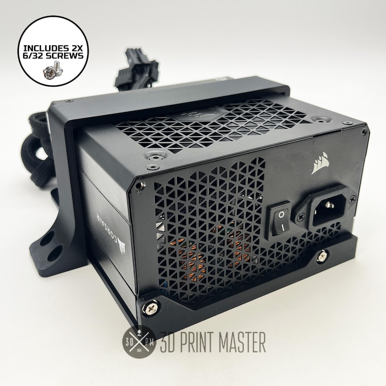 May include: A black Corsair power supply unit with a black mesh grill and a power switch on the side. The unit is labeled "Corsair" and includes 2x 6/32 screws.