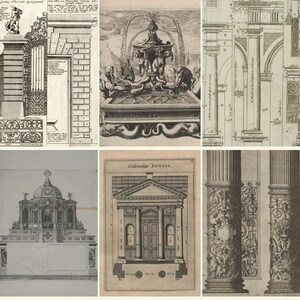 May include: A vintage black and white illustration of architectural designs. The image shows different styles of columns, arches, and other architectural elements. The image is divided into six sections, each showing a different design. The image is titled "Colonnate IONICA."