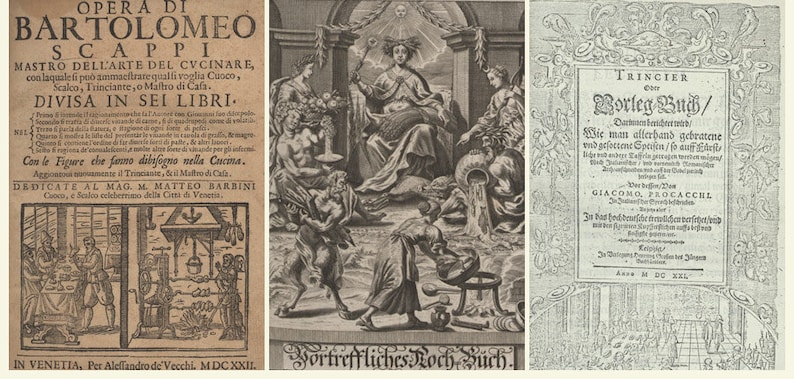 Puede incluir: Una portada de libro vintage con el t&iacute;tulo "Opera di Bartolomeo Scappi" y una ilustraci&oacute;n detallada de una escena de cocina. El libro est&aacute; dividido en seis secciones y presenta figuras que son relevantes para las artes culinarias.