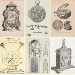 Może przedstawiać: Kolekcja antycznych projektów zegarów, w tym szczegółowa ilustracja mechanizmu zegara, zegar z ozdobnym, bogato zdobionym wzorem i zegar z tarczą przypominającą zegar słoneczny. Obraz zawiera również tekst w języku niemieckim: "Selectisten Uhrmacher".