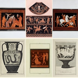 Op de afbeelding: Een verzameling van zes zwart-wit illustraties van antieke Griekse potten. De illustraties tonen scènes met figuren en dieren, waaronder een vaas met een slangenontwerp, een vaas met een scène van een wagenrace en een vaas met een scène van een vrouw en een gevleugelde figuur.