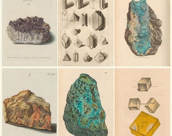 Libros antiguos de mineralogía, ilustraciones de cristales y piedras, gabinete geológico de minerales, historia natural rara, descarga digital.
