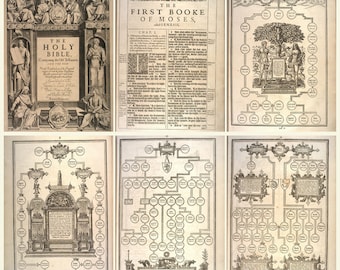 May include: A vintage illustration of a family tree from the book of Genesis. The illustration is in black and white and features a detailed design with ornate frames and text.