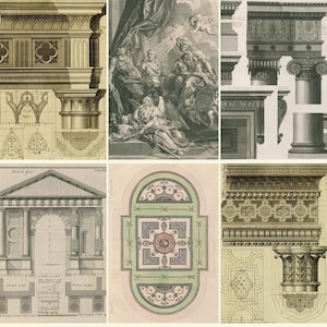May include: A vintage architectural illustration featuring detailed drawings of columns, arches, and decorative elements. The illustration includes a plan view of a building with a central archway and a ceiling design with a central rosette.