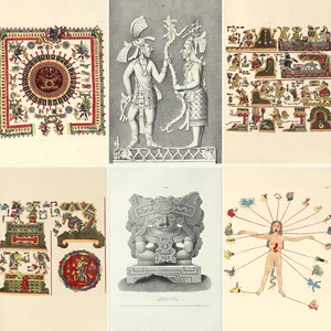 May include: Six illustrations of Aztec art, including a circular design with a red centre, two figures in a relief sculpture, a scene with multiple figures, a stone sculpture of a deity, and a figure with arrows.