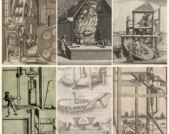 Medieval Machines Prints Digital Download | Ramelli Inventions Theatrum Machinarum Antique Engineering Mechanical Drawings JPG