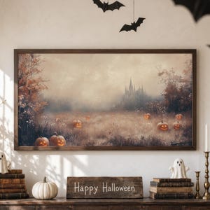 Pumpaäng Ram TV-konst | Spökslott Halloweenlandskap | Vintage gotisk höstdekor | Ladda ner Samsung Ram TV