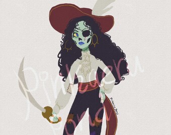 May include: A cartoon illustration of a female pirate with green skin, a red hat, and an eyepatch. She is holding a sword and wearing a white shirt, a red sash, and black trousers.