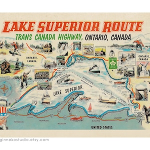 Canvas Print - Vintage Pictorial Map - Lake Superior Route - Trans Canada Highway, Ontario, Canada [24"x16"]