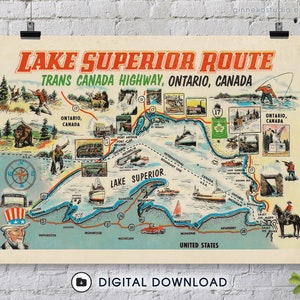 Téléchargement numérique - carte picturale vintage - route du lac Supérieur - route transcanadienne, Ontario, Canada