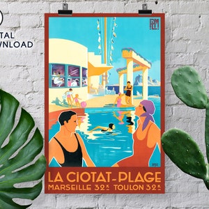 Digital Download - Vintage Travel Poster - La Ciotat-Plage - Marseille 32k Toulon 32k. Geoffroy D'Abboville. 1930
