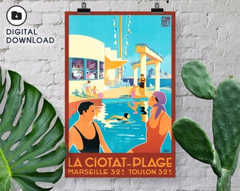 Digital Download - Vintage Travel Poster - La Ciotat-Plage - Marseille 32k Toulon 32k. Geoffroy D'Abboville. 1930