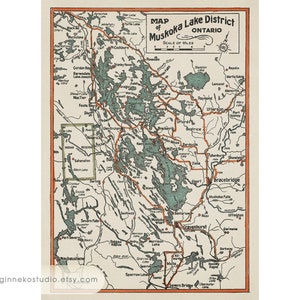 Impression sur toile - carte vintage des lacs de Muskoka [18 x 24 pouces]