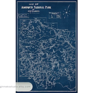 Impression sur toile – Carte vintage – Parc national Algonquin de l'Ontario – 1925 [24"x36"]