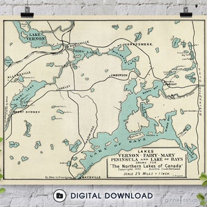 Téléchargement numérique - carte vintage 1886 - lacs Vernon, fée, Mary, péninsule, lac des baies. Région de Muskoka