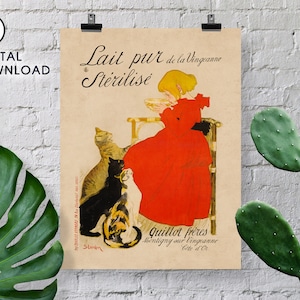 Descarga digital - Anuncio de leche francés vintage, niña con gatos. Lait Pur de la Vingeanne Stérilisé - 1894