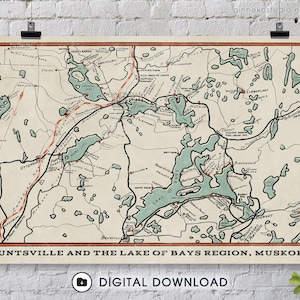 Digitaler Download - 1930 Vintage Karte - Huntsville und die Lake of Bays Region, Muskoka