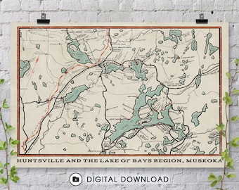 Digital Download - 1930 Vintage Map - Huntsville and the Lake of Bays Region, Muskoka