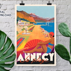 Descarga digital - Cartel de viaje vintage - Annecy la Plage - Robert Falcucci - 1935