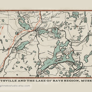 Impression sur toile - carte vintage de 1930 - région de Huntsville et du lac de Bays, Muskoka [24 x 16 po.]