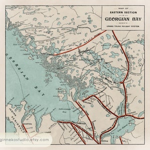 Impression sur toile - carte vintage de la baie Georgienne et des lacs Muskoka [24 x 24 po.]