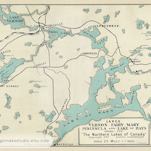 Impression sur toile - carte vintage de 1886 - lacs Vernon, Fairy, Mary, péninsule, lac des baies. Région de Muskoka [20 x 16 po.]