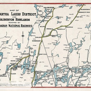 Impression sur toile - carte vintage du district de Kawartha Lakes et des hautes terres de Haliburton [20 x 16 po.]