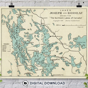 Digital Download -  Vintage Map of Lakes Joseph and Rosseau, Muskoka District - 1886