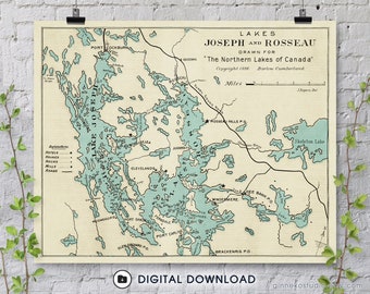 Digital Download -  Vintage Map of Lakes Joseph and Rosseau, Muskoka District - 1886