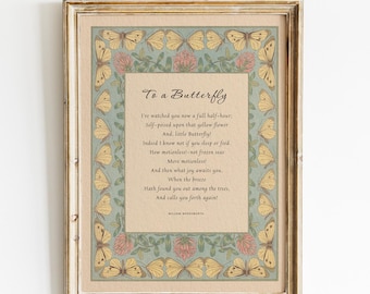 William Wordsworth Poem, Butterfly Vintage Illustration, Digital Download