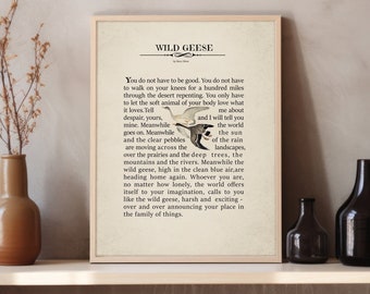 Wild Geese Poem, Quote about Birds, Vintage Literary Art Print, Inspirational Wall Decor, Nature Poetry Quote Poster, Digital