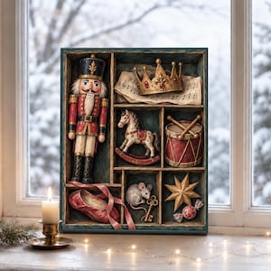 くるみ割り人形のクリスマスウォールアート、ヴィンテージシャドウボックスプリント、クラシックなホリデーデコレーション、絵本風クリスマスプリント、デジタルダウンロード。