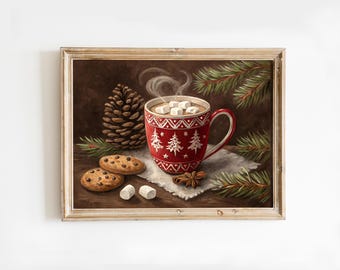 Cozy Hot Cocoa with Marshmallows, Christmas Kitchen Wall Art,  Festive Holiday Décor, Christmas Still Life, Cozy Holiday Vibes, Digital.