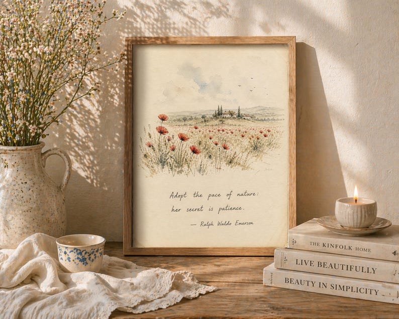 May include: A framed print featuring a watercolor landscape of a field of red poppies and a distant village. The print includes the quote, "Adopt the pace of nature; her secret is patience." A lit candle and books are nearby.