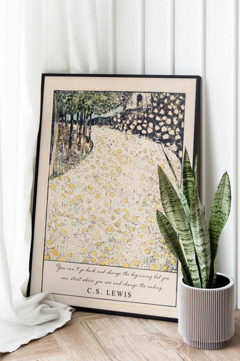 May include: A black framed print with a vintage illustration of a path through a field of white flowers. The quote "You can't go back and change the beginning but you can start where you are and change the ending." by C.S. Lewis is printed below the illustration.