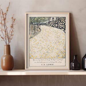 May include: A framed print with a quote by C.S. Lewis: "You can't go back and change the beginning, but you can start where you are and change the ending." The print features a stylized illustration of a path through a forest.