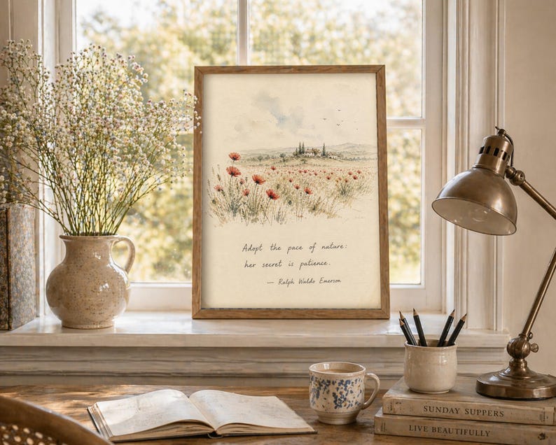May include: A framed watercolor print of a field of red poppies with a quote by Ralph Waldo Emerson. The print is displayed on a windowsill with a vase of flowers, a lamp, and a cup. The quote reads, "Adopt the pace of nature, her secret is patience."