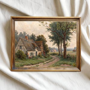 Vintage Country Cottage Print: Rustic Farmhouse Landscape (Digital Download)