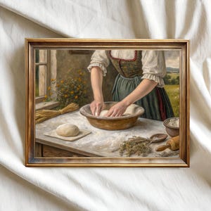 Country Kitchen Wall Art, Vintage Baking Poster, Country Woman Kneading Dough Wall Art,  Rustic Bread Making, Country Woman Art, Digital