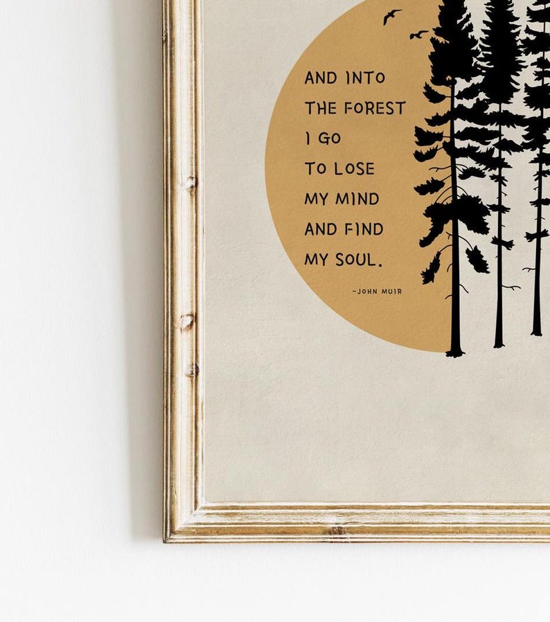 K&ouml;nnte beinhalten: Ein gerahmter Druck mit einem Zitat von John Muir &uuml;ber das Finden seiner Seele im Wald. Das Zitat ist auf einem beigefarbenen Hintergrund mit einer Silhouette von B&auml;umen und einer Sonne gedruckt.