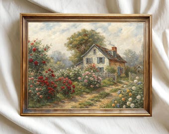 French Cottage Garden Art Print: Vintage Rose Landscape (Digital)