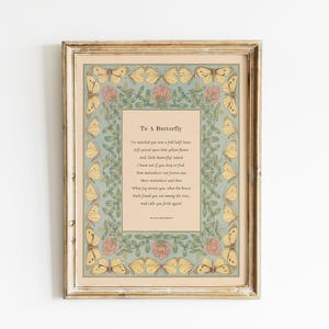 Wiersz Williama Wordswortha, Vintage Botanical Butterfly Art, Do A Butterfly Poetry Print, Styl Art Nouveau, Odrestaurowany plakat literacki, Cyfrowy